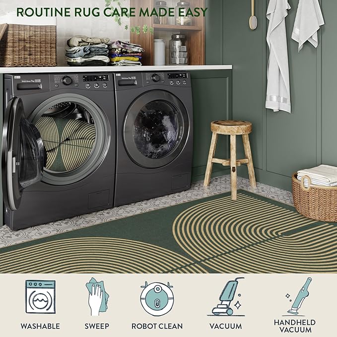 Lahome Modern Rainbow Easy Jute Entry Rug, 3x5 Washable Outdoor Patio Porch Rug, Farmhouse Non Slip Non Shedding Dark Green Carpet for Dorm Living Room Deck Front Door Kitchen