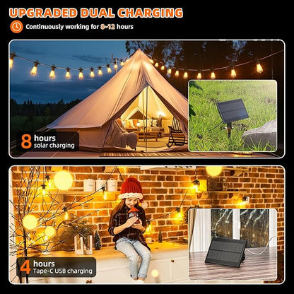 Kawaya Solar Powered String Lights for Outside: 100 FT LED Outdoor Patio Lights with USB-Charging - IP65 Waterproof Hanging Light - 50+2 Shatterproof Edison Bulbs for Bistro Cafe Camp Yard Balcony