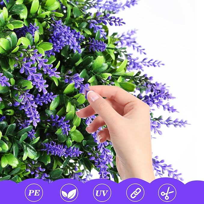 LAFORMO Artificial Lavender Topiary Ball Trees with Ground Spike, 2 Pack 15.7" UV Resistant Artificial Shrubs, Fake Evergreen Artificial Plant Brush for Indoor Outdoor Front Porch Garden