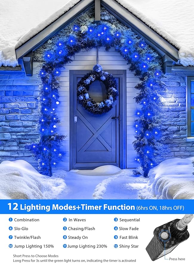 Minetom Christmas Lights Outdoor Cluster Lights - 200 LED 10 Ft Christmas Firecrackers String Lights, 12 Modes Timer Waterproof Connetable Plug in Twinkle Fairy Lights for Xmas Tree Party, Blue