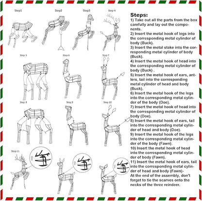 Lulu Home Set of 3 Pre-lit White Reindeer with 255 LEDs Clear White Lights, 3D Light Up Glittered Standing Reindeer Family for Xmas Lighted Holiday Display Indoor Outdoor