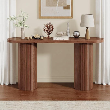 55 Inch Console Table, Fluted Entryway Table, Mid-Century Modern Sofa Table Behind The Couch, Hallway Tables, Curved Sofa Stand for Hallway, Living Room, Foyer Walnut