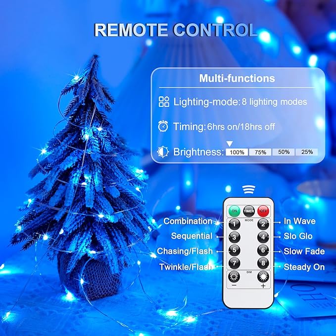 JMEXSUSS 2 Pack Blue Fairy Lights Battery Operated, Total 200 LED 66ft Blue String Lights Waterproof with Remote Timer, Blue Christmas Lights Indoor Decor for Bedroom Wedding Party Decor