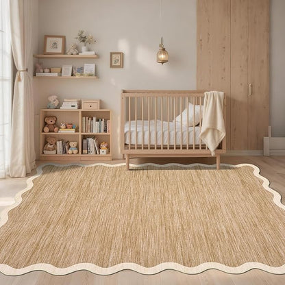 GarveeHome Scalloped Washable Rugs 10x13 Rug for Living Room Modern Bedroom Rug Brown Large Area Rug Non Slip Throw Rugs Soft Low Pile Stain Resistant Carpet for Dorm Dining Room 10'x13' Light Brown