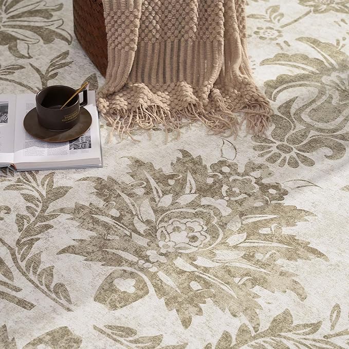 jinchan Classic Floral Round Rug 6ft, Vintage-Inspired Neutral Design 6’Circle Rug, Machine Washable Ultra-Thin Low-Pile Non-Slip Indoor Carpet for Bedroom Dining Room Living Room Entryway, Taupe