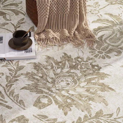 jinchan Classic Floral Round Rug 6ft, Vintage-Inspired Neutral Design 6’Circle Rug, Machine Washable Ultra-Thin Low-Pile Non-Slip Indoor Carpet for Bedroom Dining Room Living Room Entryway, Taupe