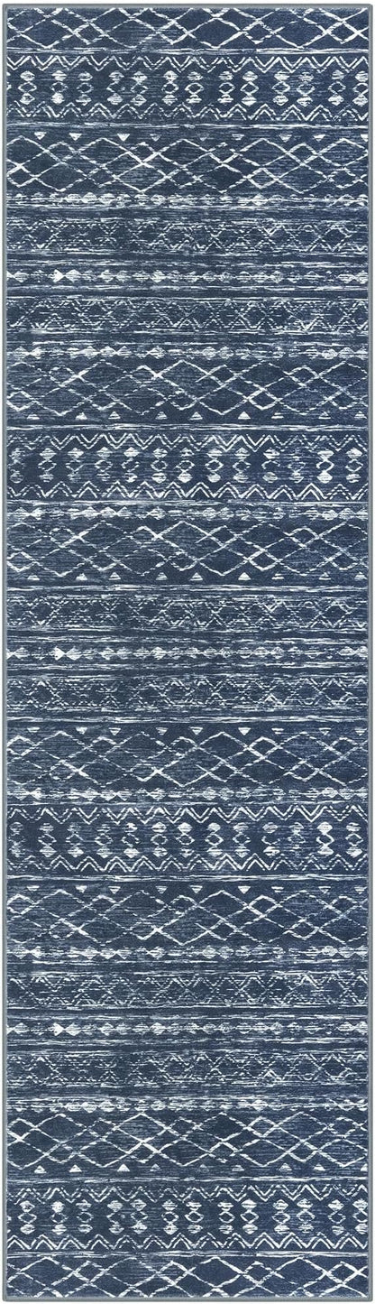 KUTA Boho Runners for Hallways 2x8 Navy Blue Moroccan Washable Runner Rug Non-Slip Vintage Kitchen Rugs Ultra Soft Distressed Geometric Floor Carpet for Bedroom Laundry Living Room