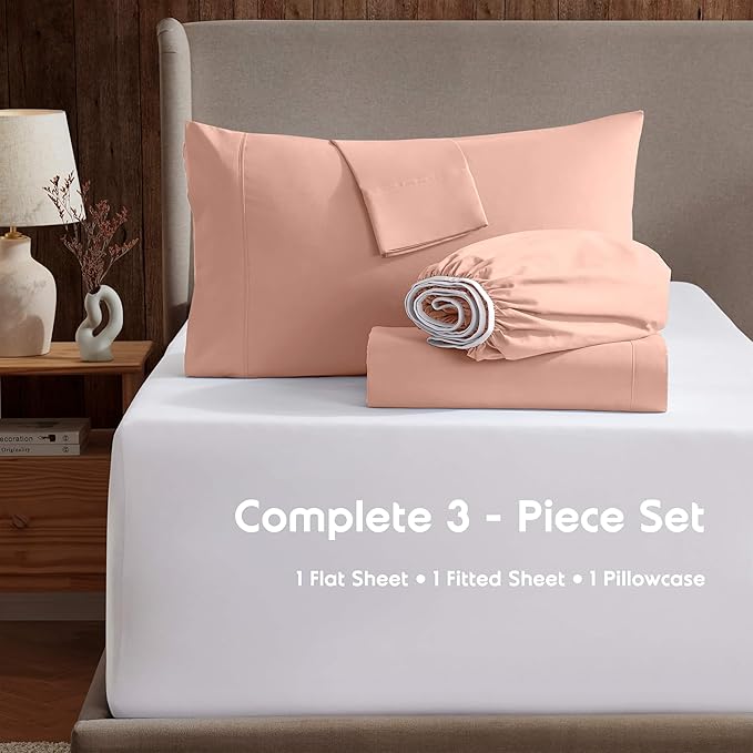 Nestl Twin Sheet Set - 1800 Ultra-Soft Microfiber Twin Bed Sheets - Double Brushed - Deep Pockets - Easy Fit - Extra Soft - 3 Piece Set - Bedding Sheets & Pillowcases (Twin, Peach)