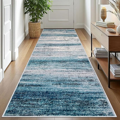 KOZYFLY Runner Rug 3x10 Modern Ombre Runners for Hallways, Washable Rugs for Bedroom Non-Slip Soft Stain Resistant Striped, Print Blue Abstract Carpet for Living/Laundry/Kid Room