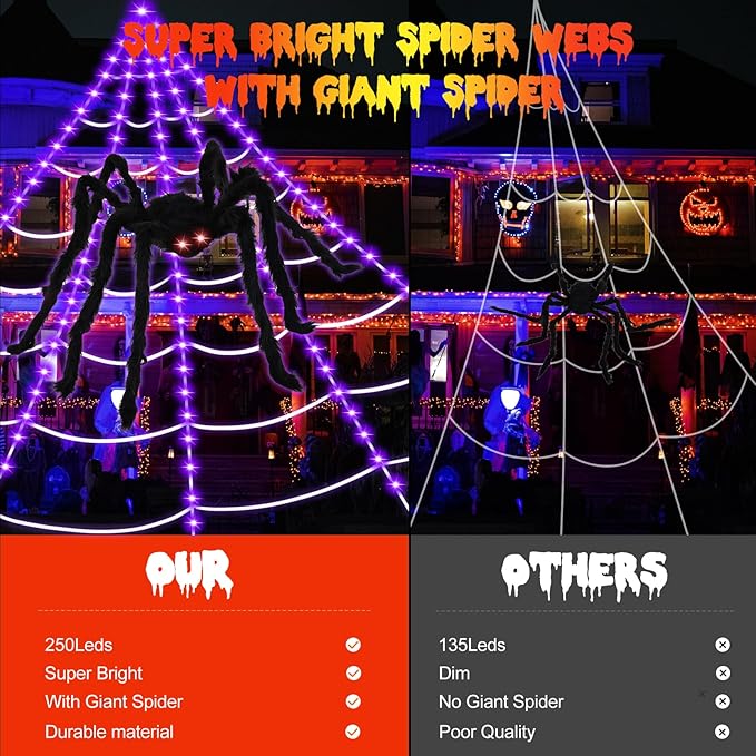 Spider Webs Halloween Decorations,16.4Ft 8Modes Super Bright 250LED Halloween Lights with Remote Control,49'' Giant Glowing Super-Realistic Spider,Halloween Decorations for Yard,Outside