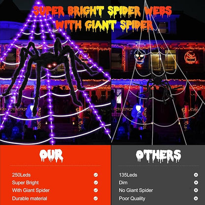 Spider Webs Halloween Decorations,16.4Ft 8Modes Super Bright 250LED Halloween Lights with Remote Control,49'' Giant Glowing Super-Realistic Spider,Halloween Decorations for Yard,Outside