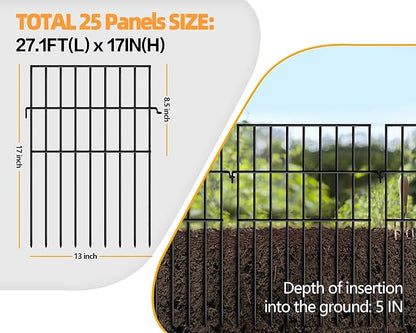 Animal Barrier Fence No Dig, 25 Panels 1.25in Gap Ground Defense Fence Border Small Metal Fencing, Dog Rabbits Blocker Under Fence for Garden, Flower Bed, Patio, Black