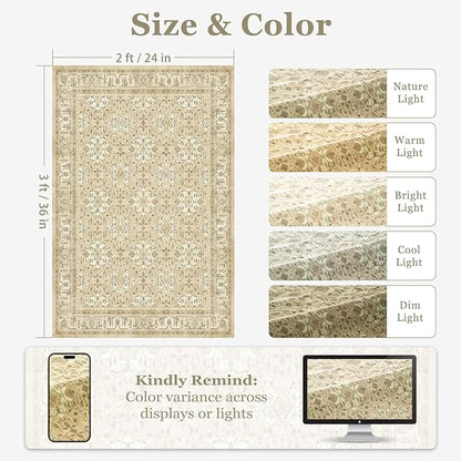Warm Beige Small 2x3 Rug, Boho Floral Moroccan Printed Door Rugs for Entryway Indoor, Washable Non Slip Low Pile Thin Soft Door Mat Indoor Entrance for Kitchen Bathroom Laundry Room Bedside
