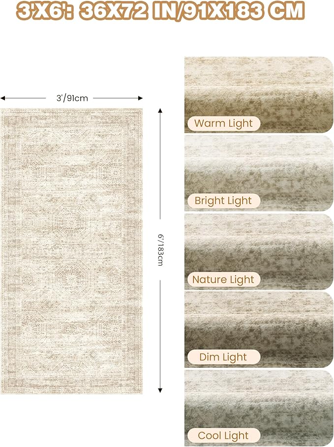 3x6 Runner Rug Non Slip, Thin Entryway Washable Rug for Entryway, Runners for Hallways, Low Pile Vintage Abstract Soft Rugs for Living Room, Kitchen, Bedroom(3'x6', Beige/Ivory)