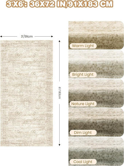 3x6 Runner Rug Non Slip, Thin Entryway Washable Rug for Entryway, Runners for Hallways, Low Pile Vintage Abstract Soft Rugs for Living Room, Kitchen, Bedroom(3'x6', Beige/Ivory)