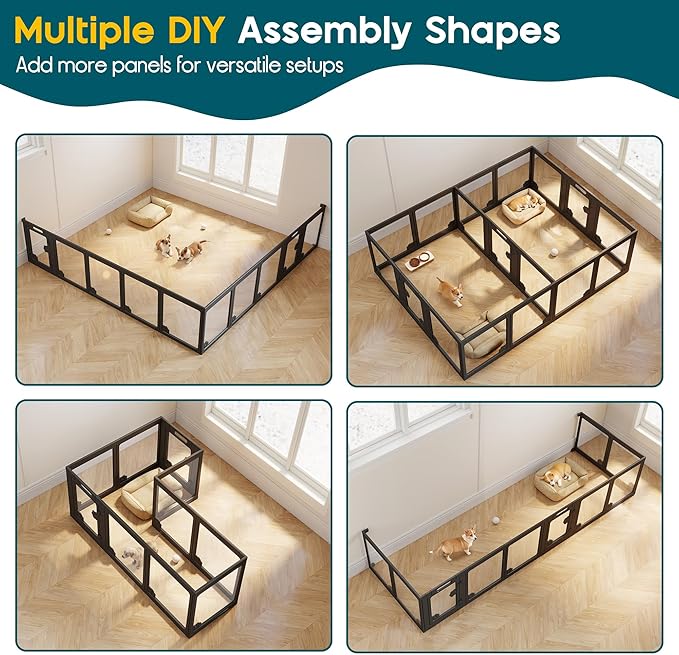 Albott Acrylic Clear Dog Playpen Indoor, Modular Puppy Cat Small Pet Play Pen with 2 Doors, Transparent Fence for Little Dogs, Cats, Rabbits, Easy Assemble and Disassemble, Black (24" H, 10 pcs)