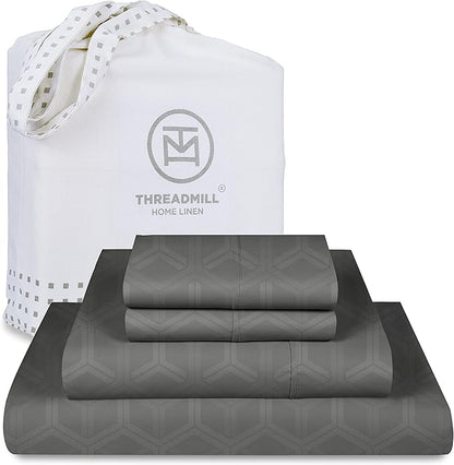 Threadmill 100% Cotton Sheets for Queen Size Bed - 600 Thread Count Queen Bed Sheets Set with 16” Deep Pocket - Jacquard Sateen Weave 4-Piece Bedding Set with Cooling Effect, Dark Grey