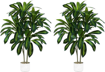 2 Pack Artificial Dracaena Plant Indoor 4FT Fake Tree Tall Floor Plants with White Planter, Artificial Yucca Tree for Home Office Living Room Bedroom Farmhouse Outdoor Topiary Tree
