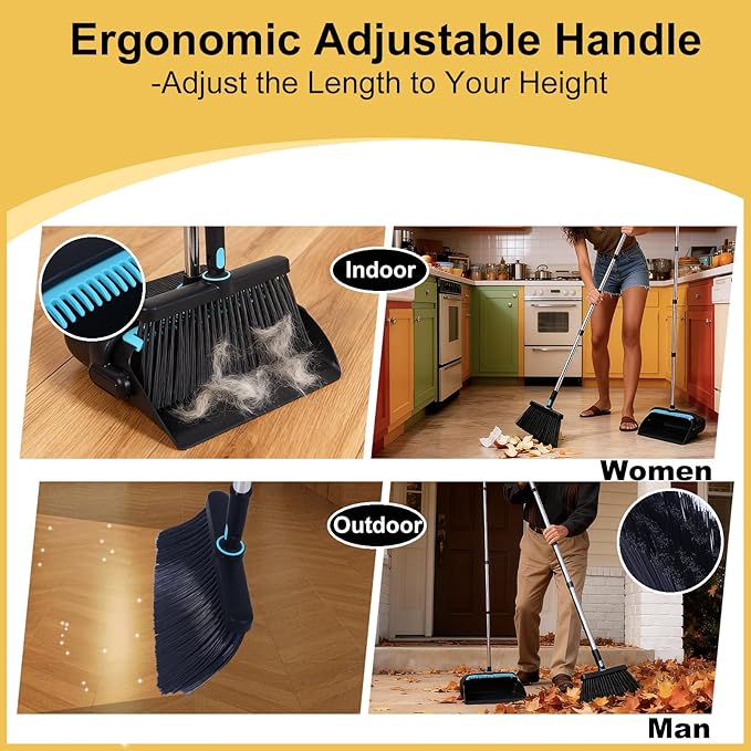 Upgrade Broom with Dustpan Combo Set Heavy Duty, Ergonomic Adjustable Handle, Cleaning Teeth, Ideal for Pets, Indoor and Outdoor Sweeping（Black）