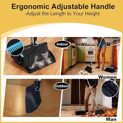Upgrade Broom with Dustpan Combo Set Heavy Duty, Ergonomic Adjustable Handle, Cleaning Teeth, Ideal for Pets, Indoor and Outdoor Sweeping（Black）