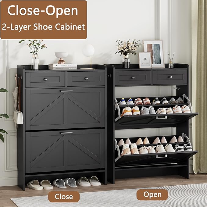 Shoe Cabinet with 2 Flip Drawers & 2 Top Drawers, 43" Tall Freestanding Narrow Wooden Shoe Storage Organizer for Entryway, Hidden Slim Shoe Rack for Front Door Entrance, Hallway, Living Room, Black