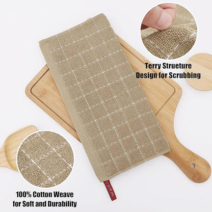 Homaxy 100% Cotton Terry Kitchen Towels(Tan, 13 x 28 inches), Checkered Designed, Soft and Super Absorbent Dish Towels, 12 Pack