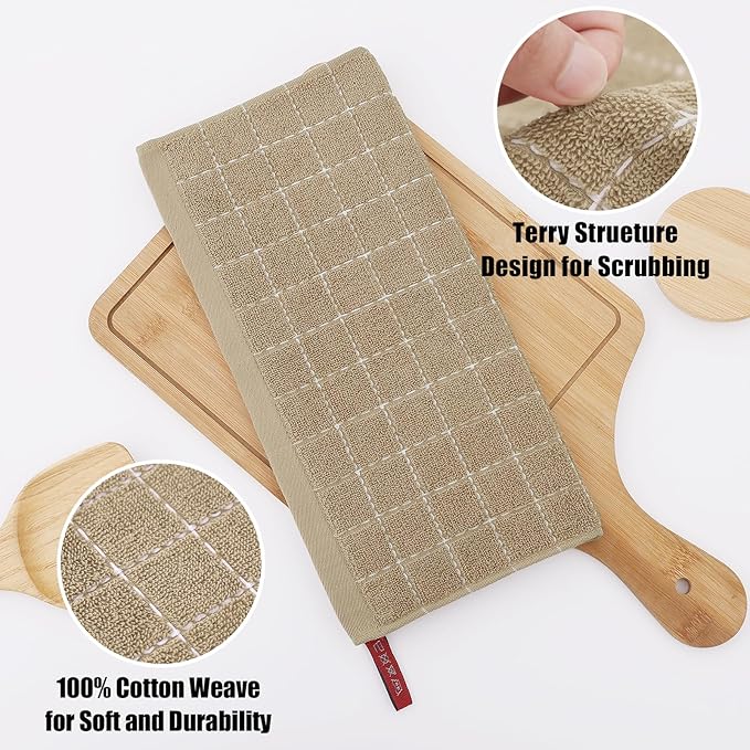 Homaxy 100% Cotton Terry Kitchen Dish Cloths, Ultra Soft and Absorbent Dish Towels for Kitchen, Perfect for Drying and Washing Dishes, 6 Pack, 12 x 12 Inches, Tan