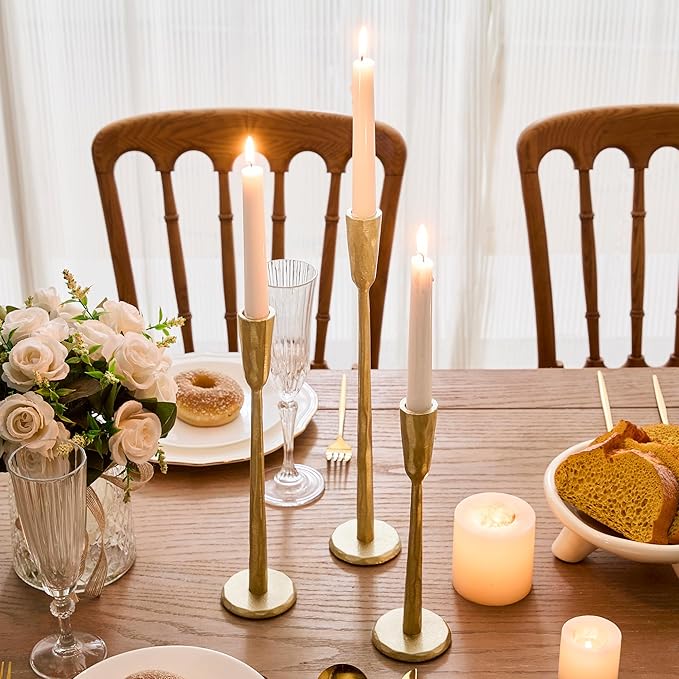 Cast Iron Taper Candle Holder Set of 3, Vintage Candlestick Holders Decorative Candle Stand, Tapered Candle Holders Tall Set for Wedding, Holiday, Home Decor, Christmas Decoration (Gold)