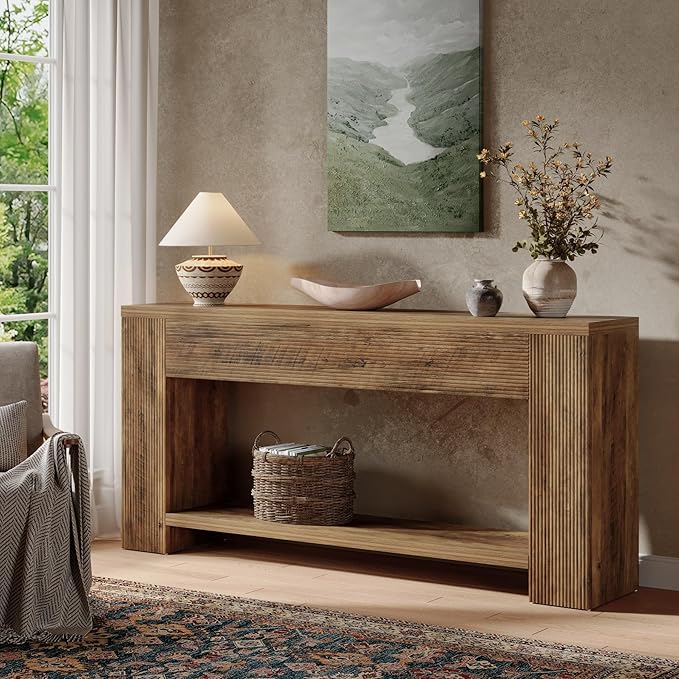 Tribesigns 70.9-Inch Console Tables for Entryway, Narrow Wooden Long Sofa Table Behind The Couch, Farmhouse Fluted Hallway Accent Table for for Living Room, Entrance, Foyer, Rustic Brown