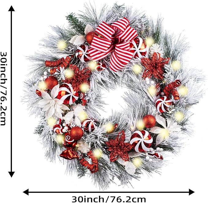 WANNA-CUL Pre-Lit 30 Inch Large Lighted Christmas Wreath for Front Door with 50 Led Lights, Red White Lighted Christmas Door Wreath Decor with Ball Ornaments, Candy Canes, Battery Operated