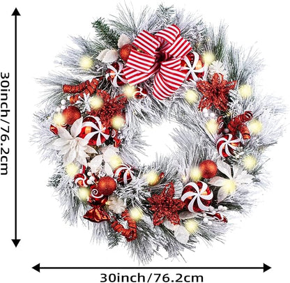 WANNA-CUL Pre-Lit 30 Inch Large Lighted Christmas Wreath for Front Door with 50 Led Lights, Red White Lighted Christmas Door Wreath Decor with Ball Ornaments, Candy Canes, Battery Operated
