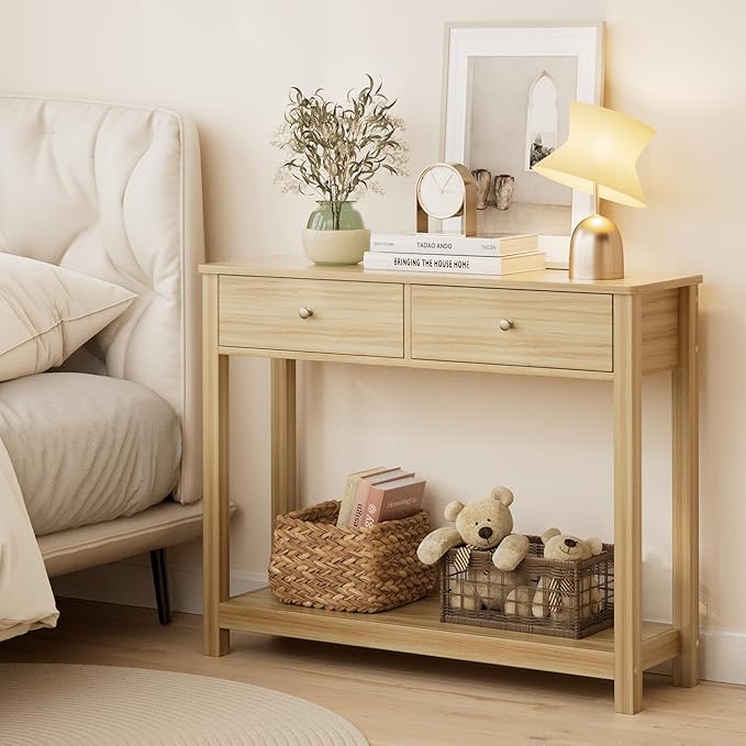 Gizoon 2 Drawer Console Table, 2-Tier Wood Entryway Table with Storage Shelves, 39" W Wood Accent Sofa Table for Front Hall, Hallway, Living Room, Oak Color