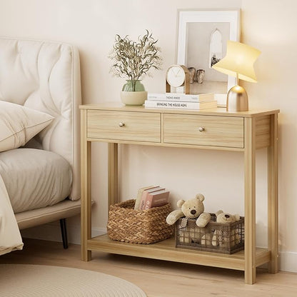 Gizoon 2 Drawer Console Table, 2-Tier Wood Entryway Table with Storage Shelves, 39" W Wood Accent Sofa Table for Front Hall, Hallway, Living Room, Oak Color