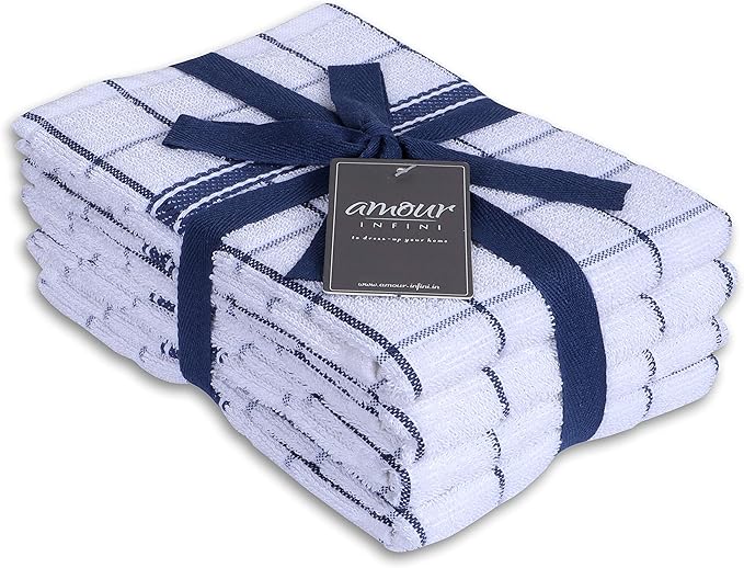 AMOUR INFINI Terry Cotton Kitchen Towels 4-Pack - Large 18 x 28 Inch, Absorbent & Soft Dish Towel with Hanging Loop, Washable Ideal for Cleaning, Drying (Blue)