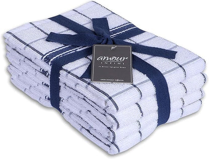 AMOUR INFINI Terry Cotton Kitchen Towels 4-Pack - Large 18 x 28 Inch, Absorbent & Soft Dish Towel with Hanging Loop, Washable Ideal for Cleaning, Drying (Blue)