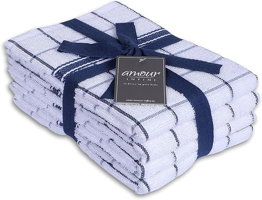 AMOUR INFINI Terry Cotton Kitchen Towels 4-Pack - Large 18 x 28 Inch, Absorbent & Soft Dish Towel with Hanging Loop, Washable Ideal for Cleaning, Drying (Blue)
