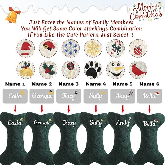 Personalized Christmas Stockings for Dogs,Custom Embroidered Name+Logo Xmas Knitted Bone Stockings,Holiday and Family Stocking for Fireplace Christmas Holiday Party Decoration 1-6Pack（Green）