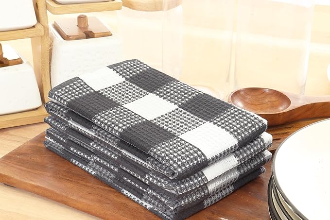 PurpleEssences 100% Cotton Waffle Weave Check Plaid Kitchen Towels, Super Soft and Absorbent Dish Towels for Drying Dishes 15 x 25-4 Pack - Fall Thanksgiving - Steel Grey and White