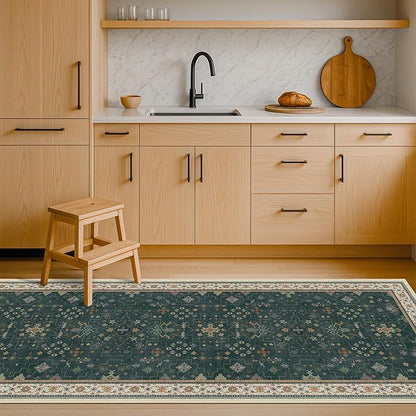 Dark Green 2x5 Kitchen Rug - Modern Vintage Boho Eclectic Floral Pastel, Washable Low Pile Non-Slip Small Runner Rugs for Entryway Door Mat Indoor Entrance, Bedroom, Hallway