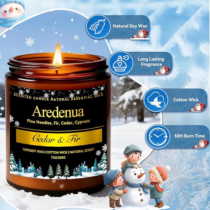 Winter Candles – Cedar & Fir Scented Candle | 7oz Soy Candles for Home Scented with 50H Burn - Evergreen Pine Christmas Candle for Home | Winter Aromatherapy Gifts for Women Men