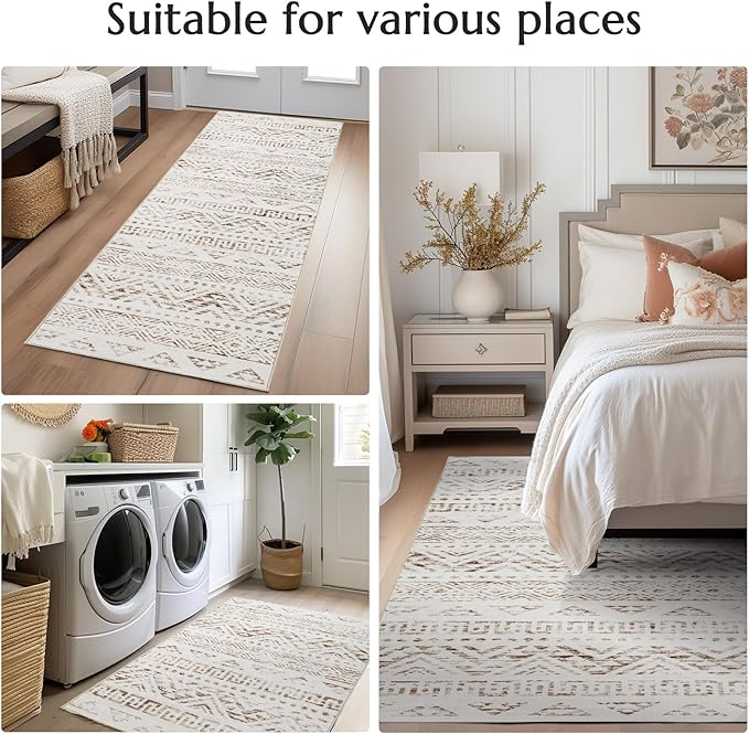 jinchan Boho Runner Rug 2x6 - Moroccan Machine Washable Non-Slip Bohemian Diamond Low-Pile Soft Runner Rug for Entryway Hallway Kitchen Bedroom Laundry Room (2‘x6', Mocha)