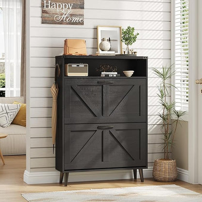 Vabches Shoe Storage Cabinet with 2 Flip Drawers,Freestanding Narrow Shoe Organizer with Open Storage,Hidden Slim Shoe Rack Cabinet for Entryway,Black (2 Pack)