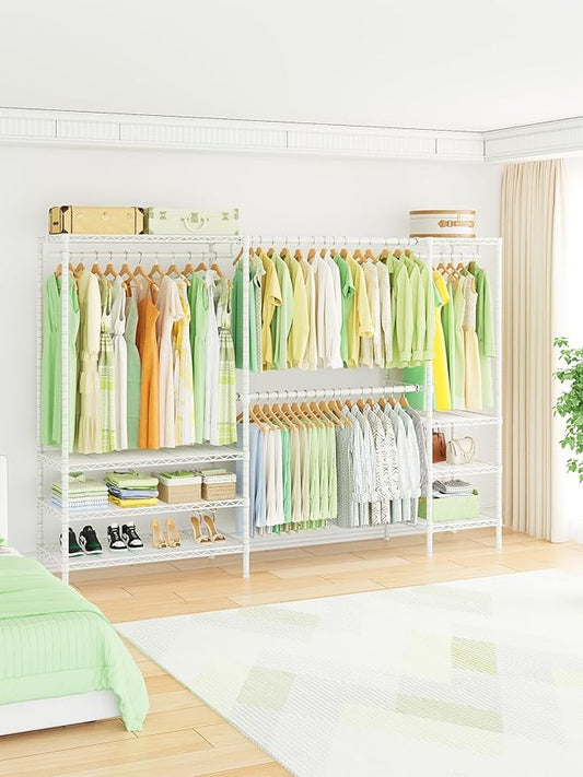 Ulif E11 Heavy-Duty Garment Rack, Metal Freestanding Clothes Rack and Closet Storage Organizer with 8 Shelves and 4 Hanger Rods, (73.2 - 97.6)"W x 14.5"D x 71.2"H, Load 1034 LBS, White