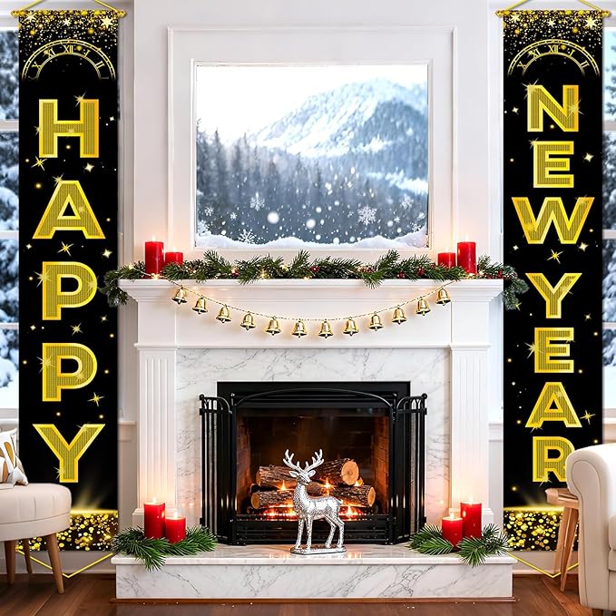 Upgraded, Ideal New Years Eve Party Supplies 2026, 300D Premium Happy New Year Banner, Large 71x12in (with 2pcs Golden hanging rod) Classic Design, HQ Fabric, HD Printing, for New-Years Decorations