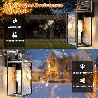 13.6" Motion Sensor Outdoor Wall Sconce Lantern, Exterior Waterproof Wall Lights Fixture with Water-Rippled Glass, Bronze Outside Mount Lighting for House, Porch, Garage, Patio, Bulbs Not Included