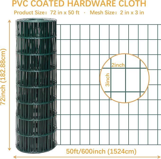Green Metal Garden Fence, 72inch(H) x 50ft(L), 2 inch x 3 inch,14GA 2/3/4/5/6 Ft Tall Chicken Wire PVC Coated Welded Wire Mesh Roll for Dogs Border Yard Vegetable Plant Protection Poultry Netting