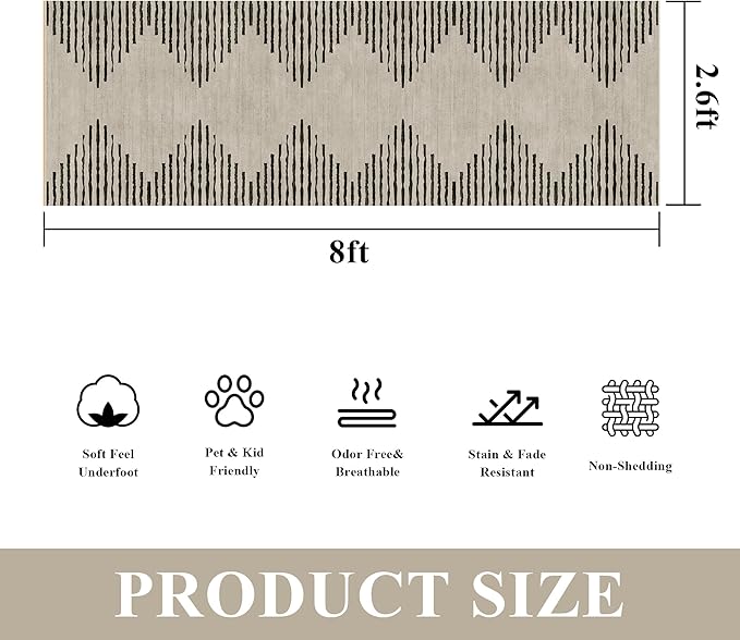 HelloTree Hallway Runner Rug，2.6x8 Moroccan Modern Stripe Carpet Washable Machine Bathroom Runner Bohemian Design Modern Soft Non Slip Indoor Rug for Entryway Hallway Laundry Room Bedroom-Cream