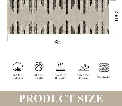 HelloTree Hallway Runner Rug，2.6x8 Moroccan Modern Stripe Carpet Washable Machine Bathroom Runner Bohemian Design Modern Soft Non Slip Indoor Rug for Entryway Hallway Laundry Room Bedroom-Cream