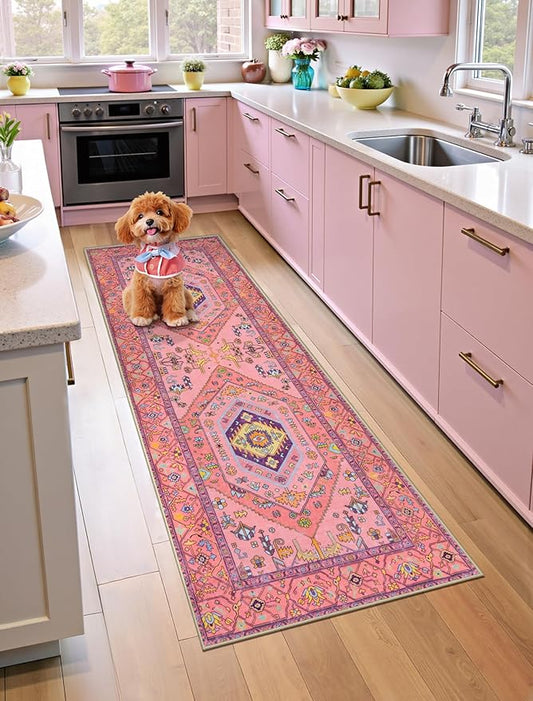 SERISSA Washable Kitchen Runner Rug, 2x5 Non-Slip Fuchsia Pink Runner Rugs for Hallway, Ultra Soft Cute Boho Aesthetic Low-Pile Floor Carpet for Bedroom Bathroom Laundry Living Room