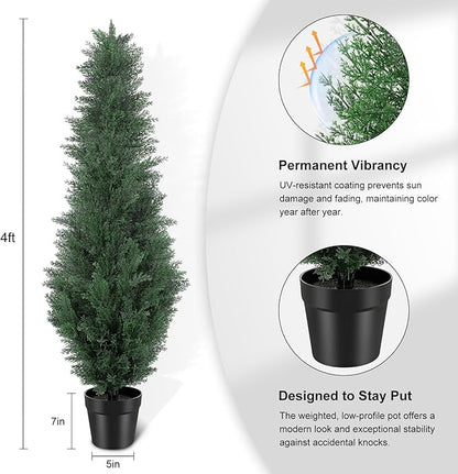 4FT Artificial Cedar Tree - Realistic Faux Cedar Trees for Outdoor Planters - Fake Cypress Trees for Front Porch - Faux Evergreen Plants for Home Porch Decor - Set of 2